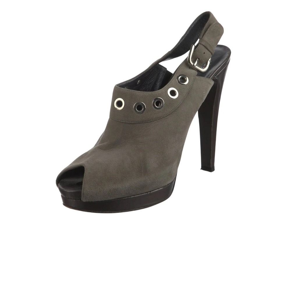 Stuart Weitzman Peep Toe Slingback Heels Gray Suede Platform Buckle Size 8.5